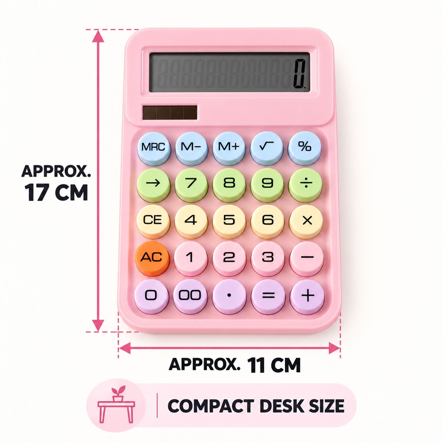 A pink calculator with colorful round keys is displayed with approximate dimensions of 17 cm by 11 cm, indicating its