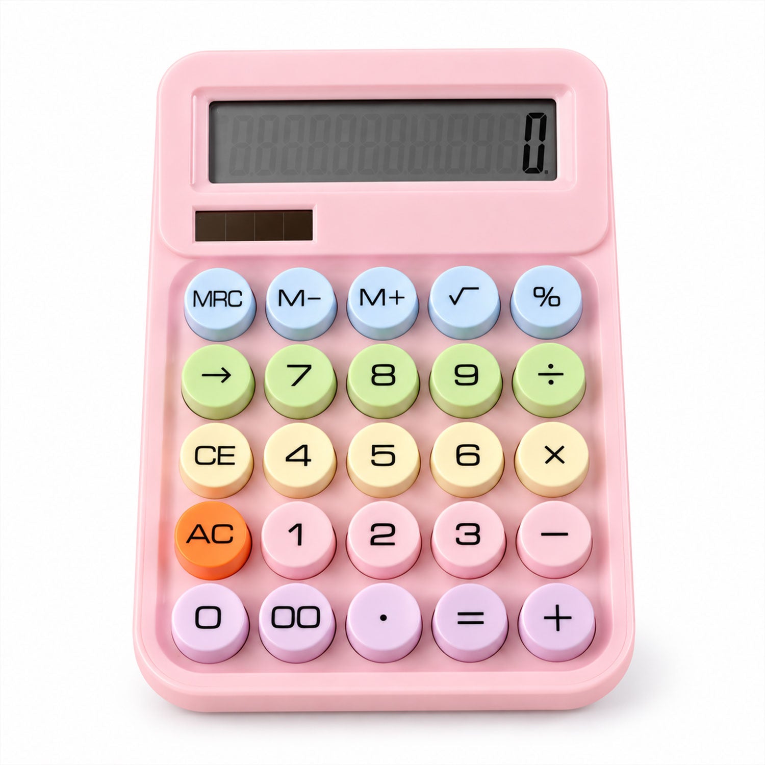 A pink desktop calculator with a black display and pastel-colored round keys is centered on a plain white background.