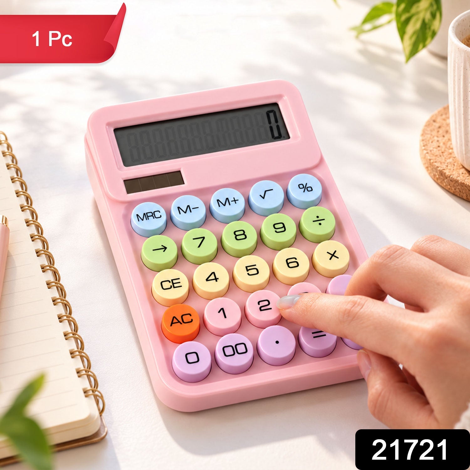 A pink calculator with colorful round keys is displayed on a white surface, with a red "1 Pc" label and a black "21721"