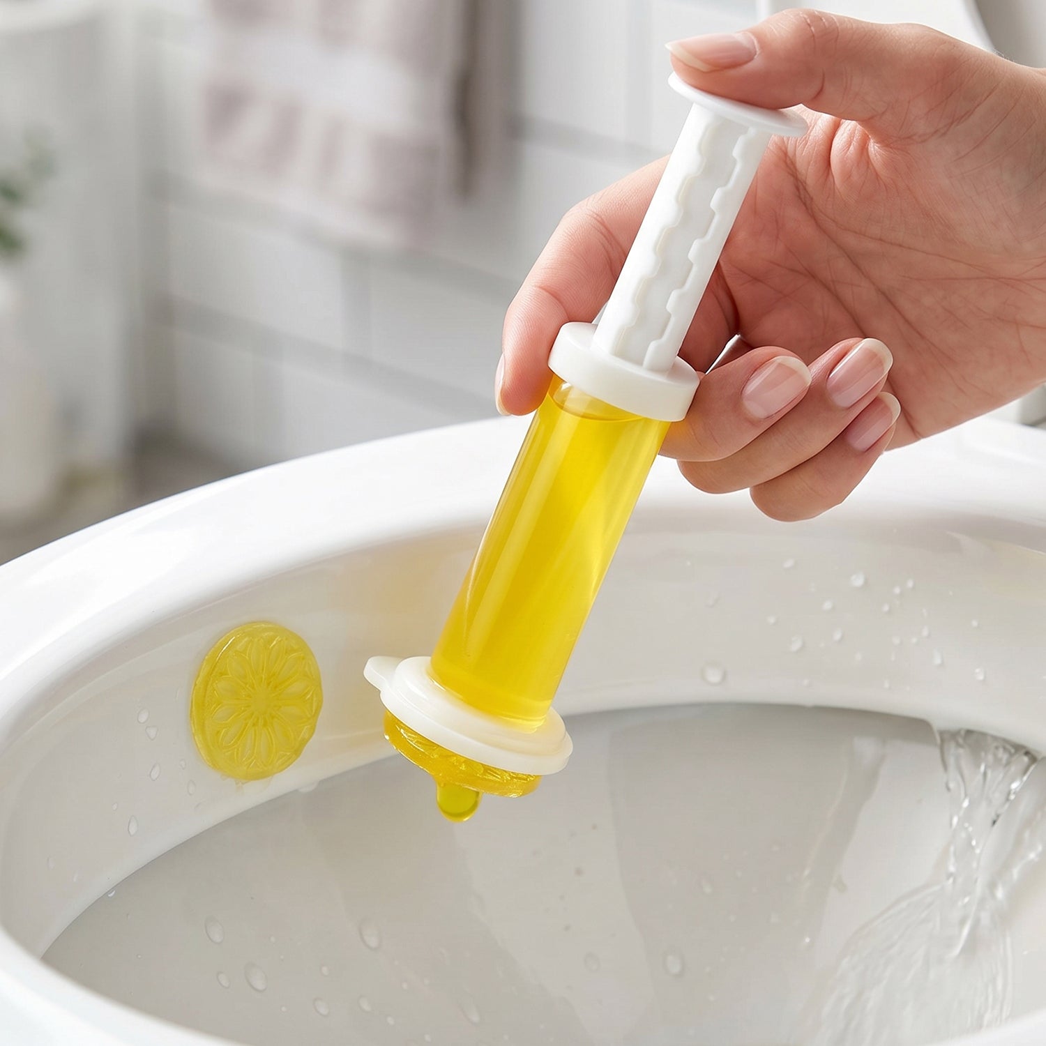 Toilet gel releasing fresh fragrance in bowl