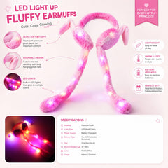 Product infographic detailing features of LED light-up fluffy earmuffs, including softness, bunny design, LED lights, 