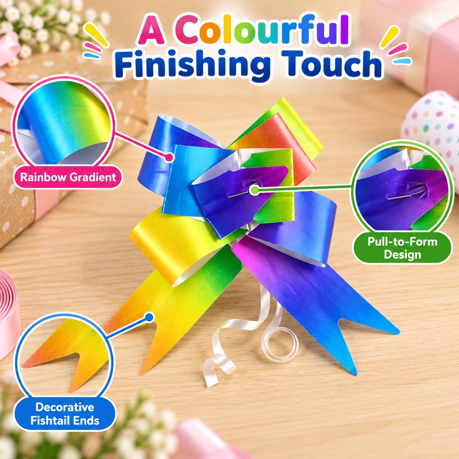 A rainbow pull bow with white curly ribbons is highlighted with callouts for its gradient color, pull-to-form design, and
