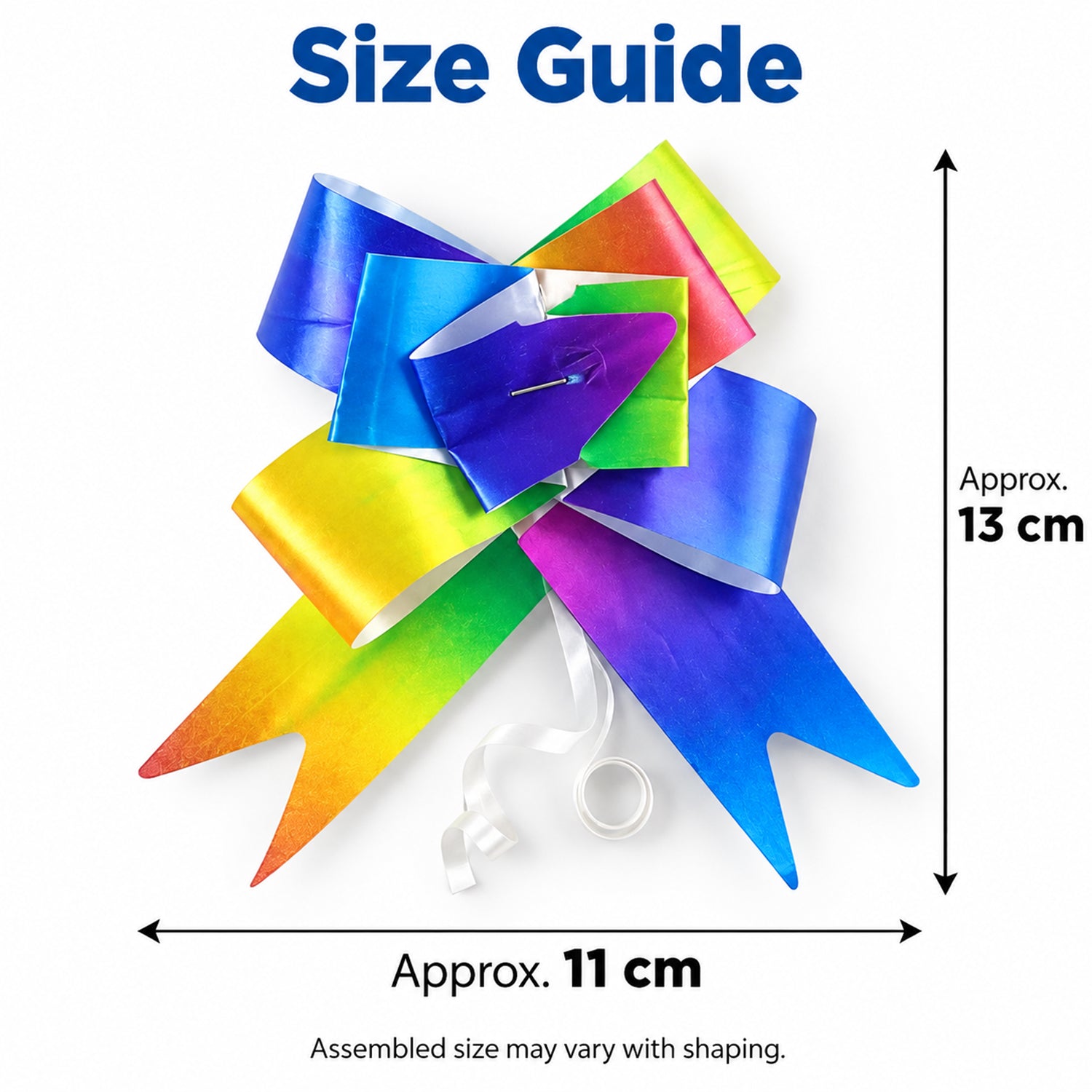 A rainbow pull bow with white curly ribbons is shown with arrows indicating its approximate 11cm width and 13cm height.