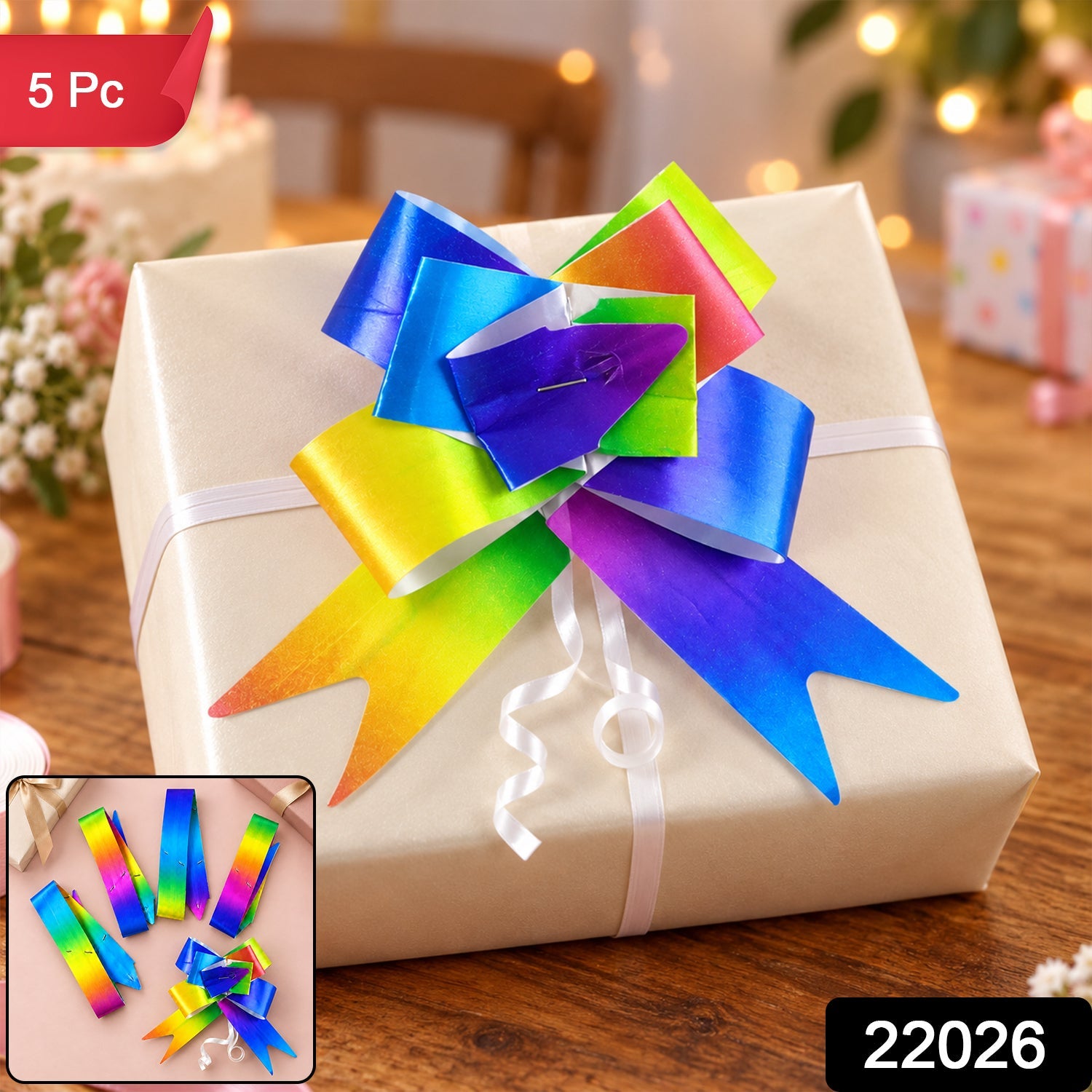 A cream-wrapped gift with a rainbow pull bow is shown, with a small inset displaying five flat ribbons and one assembled bow.