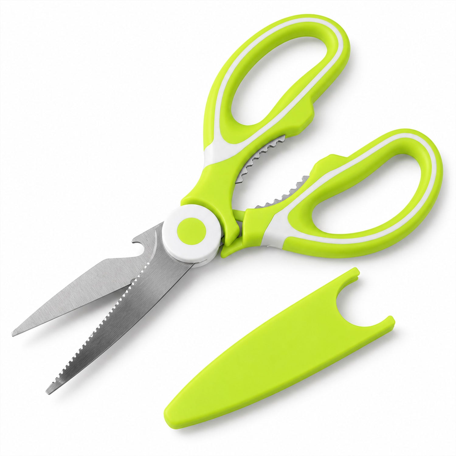 Multipurpose kitchen scissors with protective cover - white background