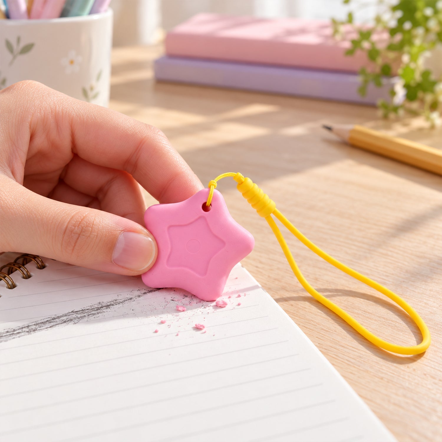 A hand holds a pink star eraser with a yellow lanyard attached, erasing pencil from a spiral-bound notebook on a wooden desk.