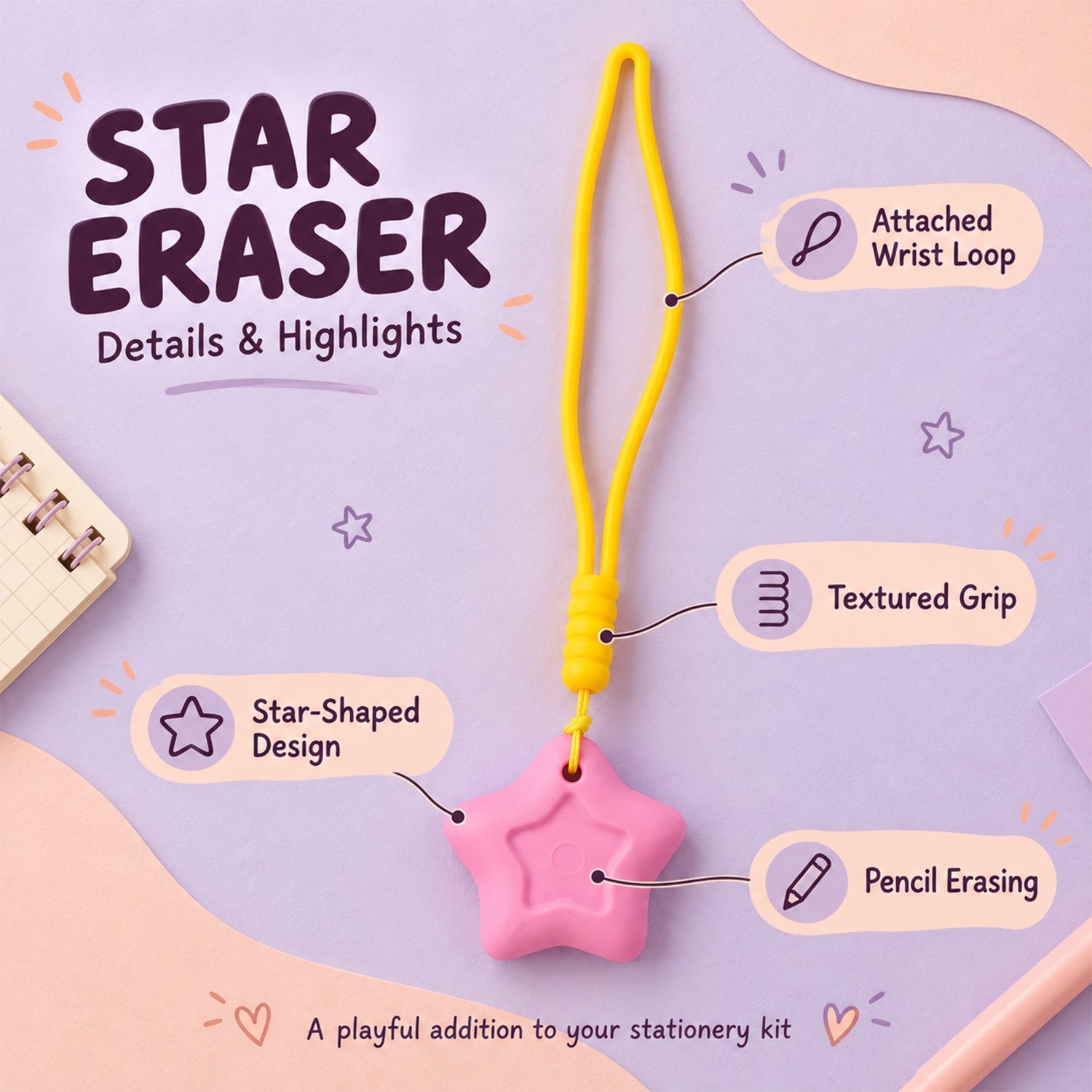 An infographic displays a pink star eraser with a yellow lanyard, highlighting its star shape, textured grip, wrist loop,