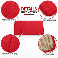 A red rectangular bath mat with four padded sections, surrounded by close-up views of its woven texture, edge binding, and