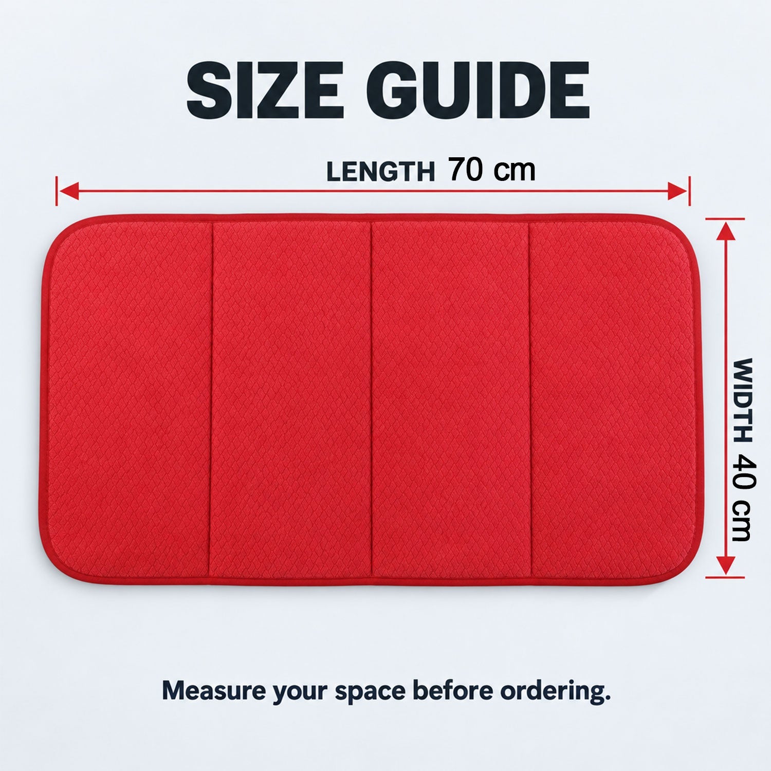 A red rectangular bath mat with four padded sections, displaying its length of 70 cm and width of 40 cm with measurement