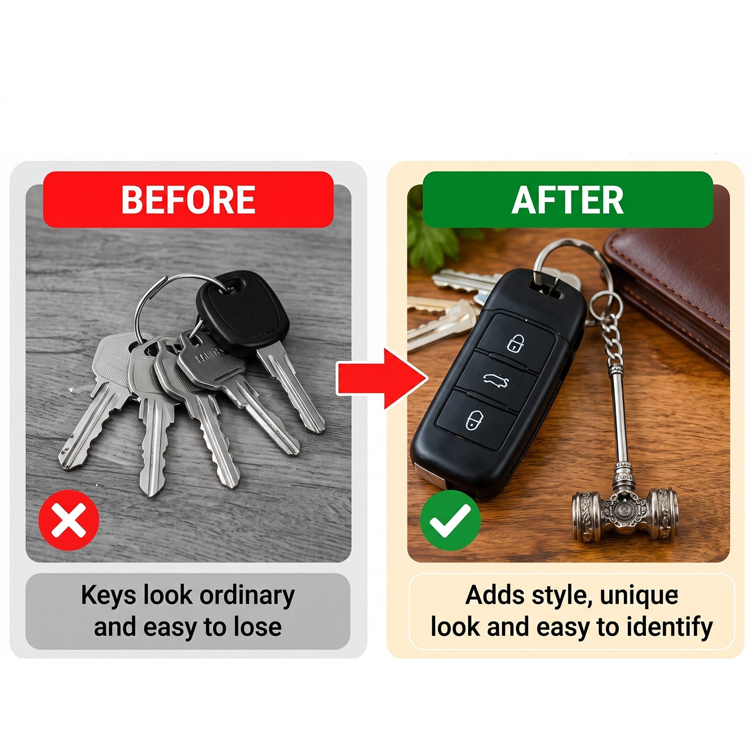 Comparison graphic showing ordinary keys on a ring versus keys with the stylish hammer keychain, highlighting enhanced style.