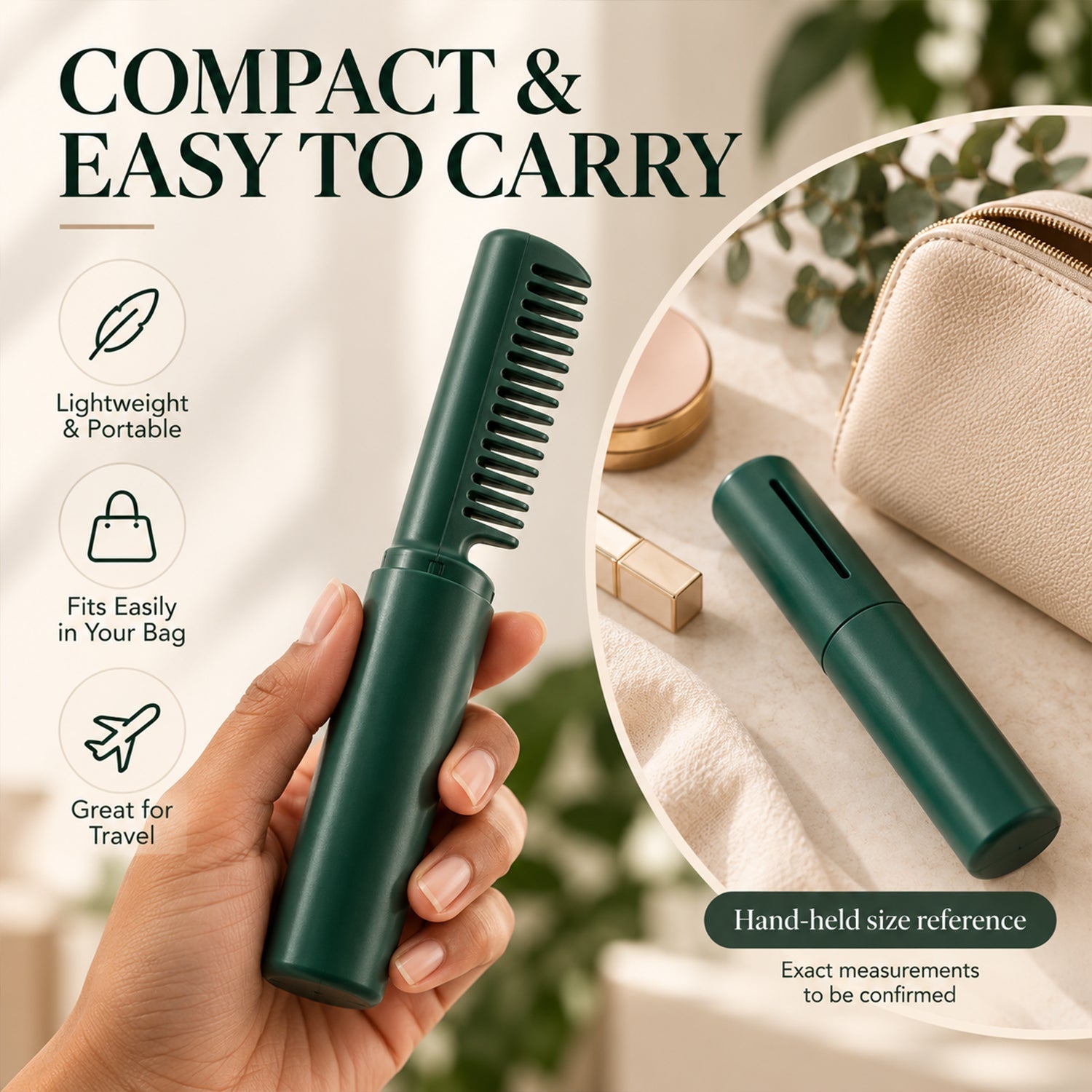 A hand holds the dark green mobile heat comb, with a blurred background showing a beige travel pouch and makeup items.