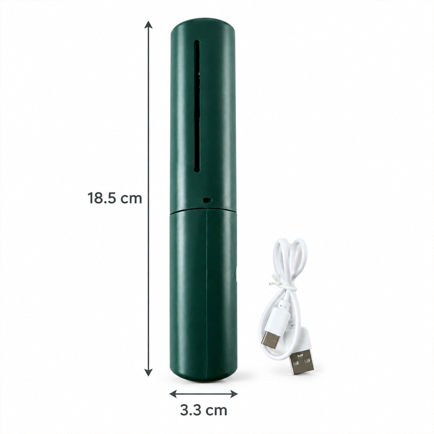 The dark green mobile heat comb with its cap on, displaying its dimensions of 18.5 cm length and 3.3 cm width, alongside a