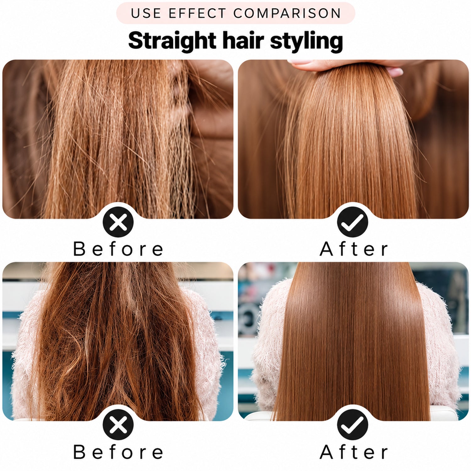 A comparison of before and after images showing frizzy brown hair transformed into smooth, straight hair.