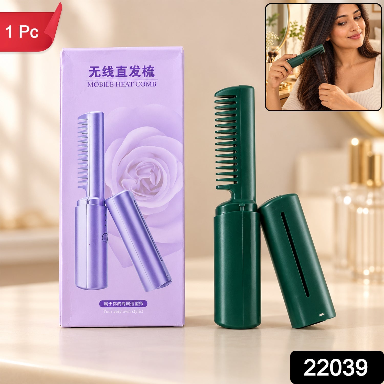 A dark green mobile heat comb and its cap stand next to a purple box, with a small inset image of a woman using the comb.
