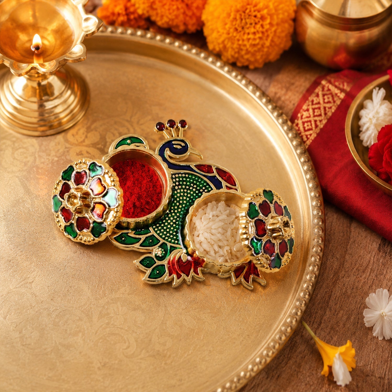 Peacock kumkum dani on pooja thali