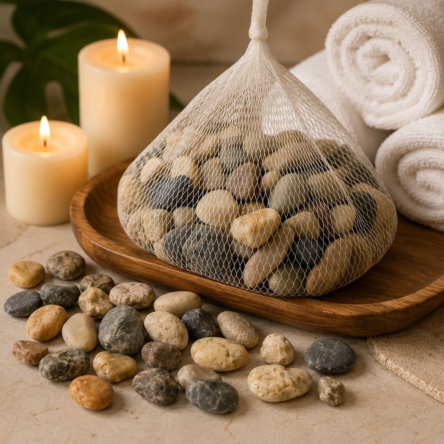 Natural river stones enhancing the aesthetic of a garden path and potted plants outdoors.