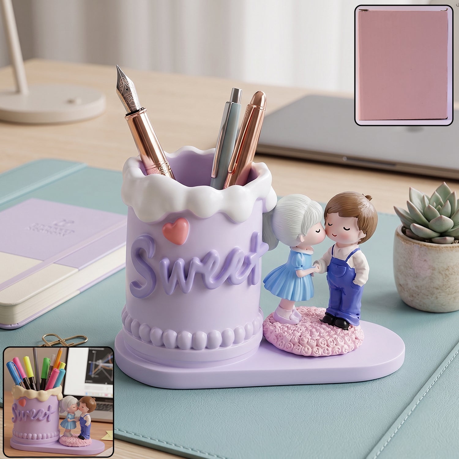 Resin sweet couple pen holder on desk