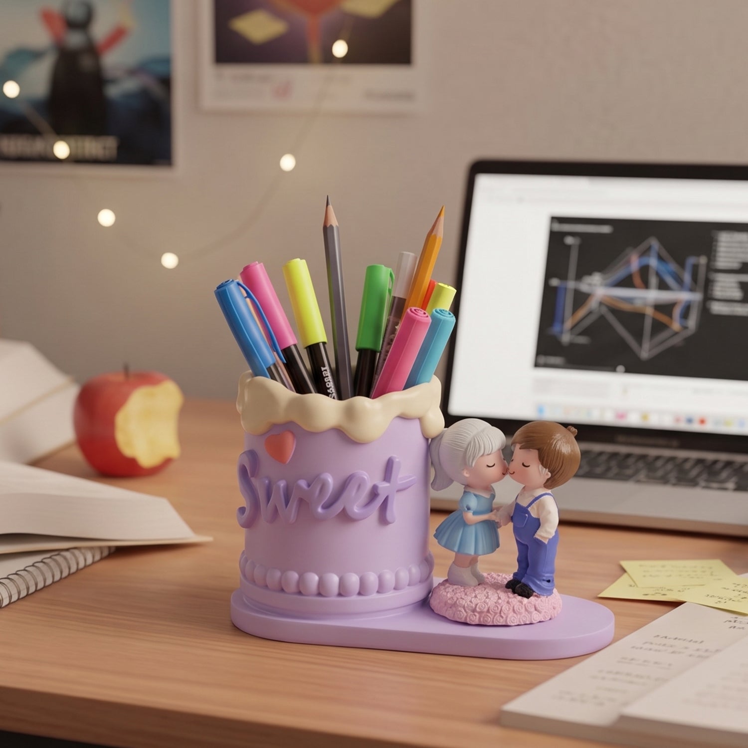 Close-up of sweet couple pen holder design