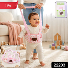 Baby walking harness with padded waist support and breathable fabric.