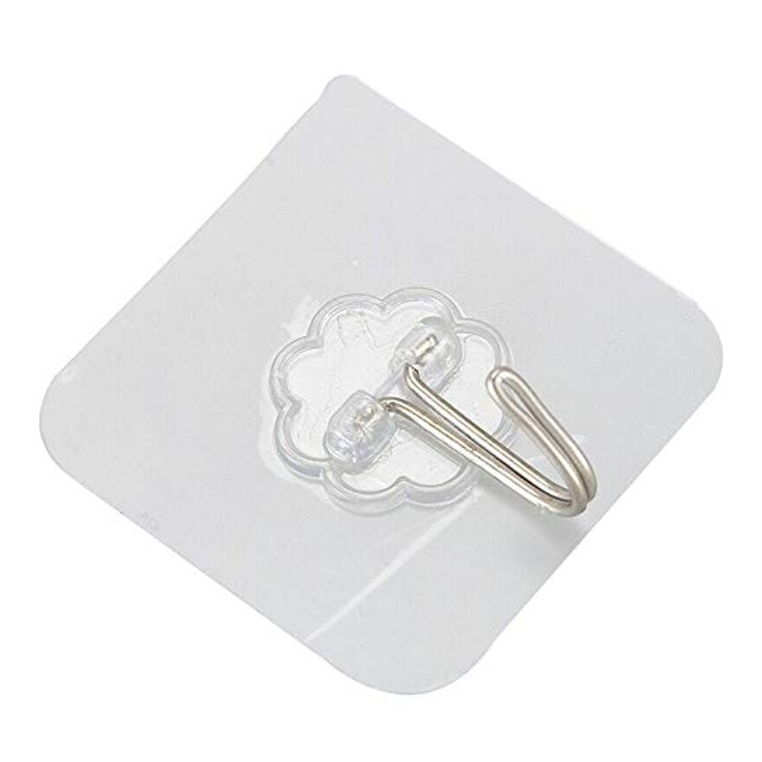 An angled, close-up view of a transparent self-adhesive hook with a silver metal hook on a white background.