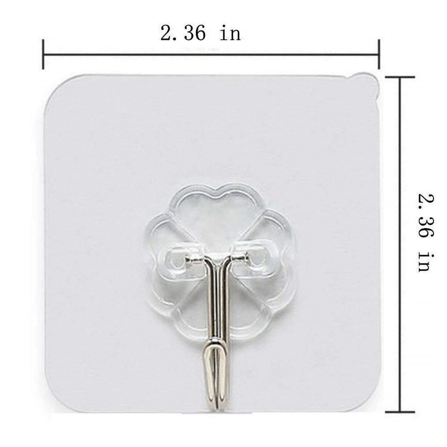 A transparent self-adhesive hook with a silver metal hook on a white background, showing its 2.36 inch dimensions.