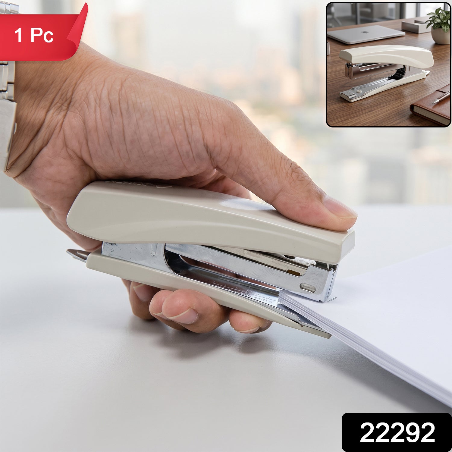 Metal desk stapler with staple loading tray, 1 piece