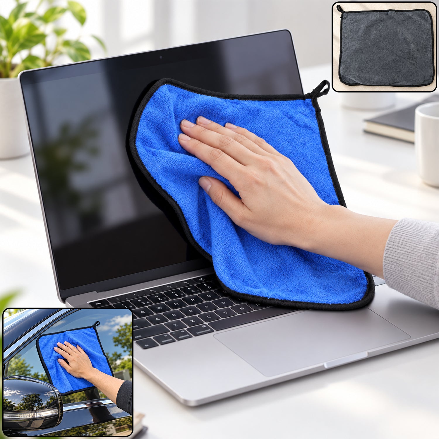A hand uses a blue microfiber cloth to clean a laptop screen, with insets showing the cloth cleaning a car window and a gray