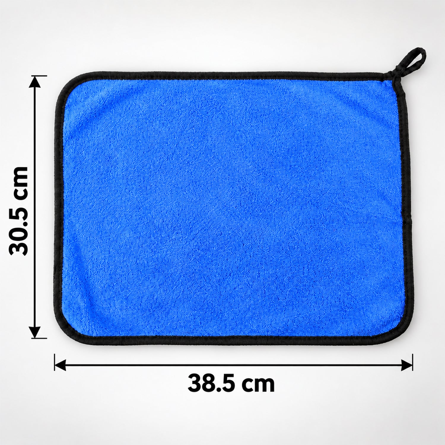 A blue microfiber cleaning cloth with a black border, displayed flat with dimensions of 30.5 cm by 38.5 cm.