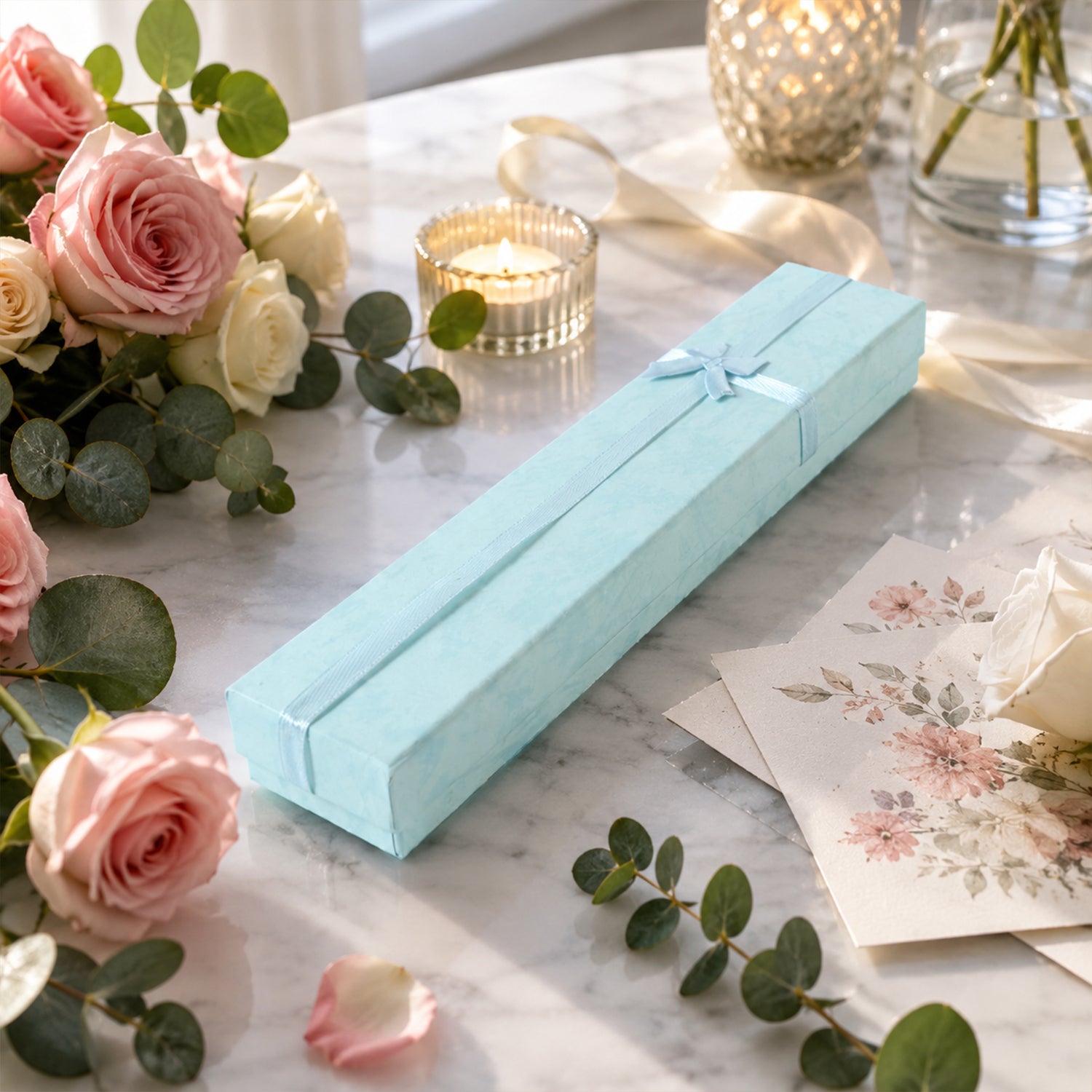 A closed light blue rectangular gift box with a light blue ribbon and bow, on a marble surface with pink roses and candles.
