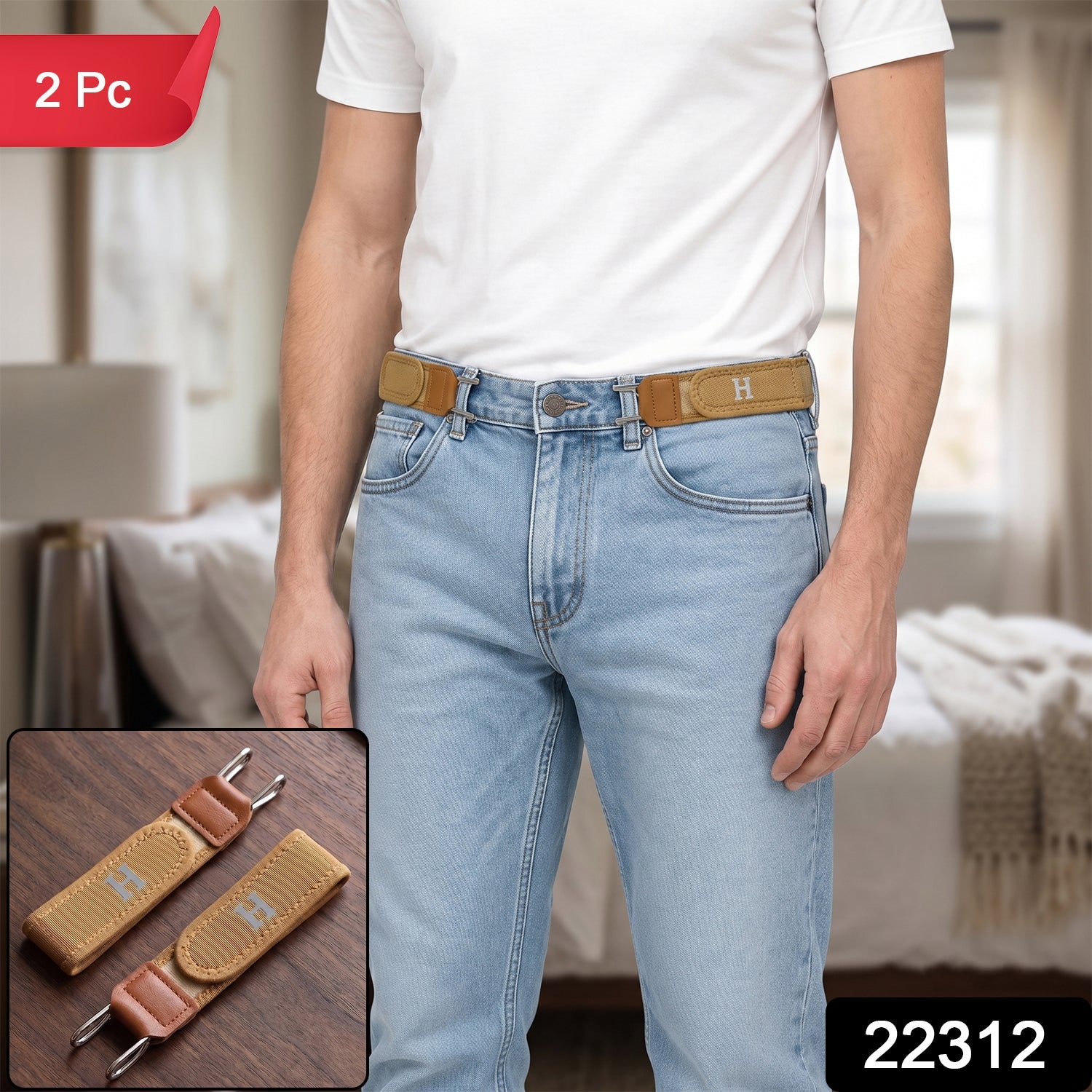A man wearing light wash jeans and a white t-shirt, with two tan elastic belt hooks attached to his jeans, and a red 2 Pc