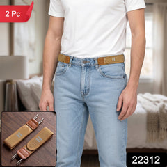 A man wearing light wash jeans and a white t-shirt, with two tan elastic belt hooks attached to his jeans, and a red 2 Pc