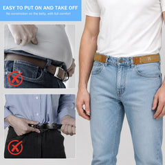 A man wearing tan elastic belt hooks on light wash jeans, with insets showing discomfort from traditional belts.