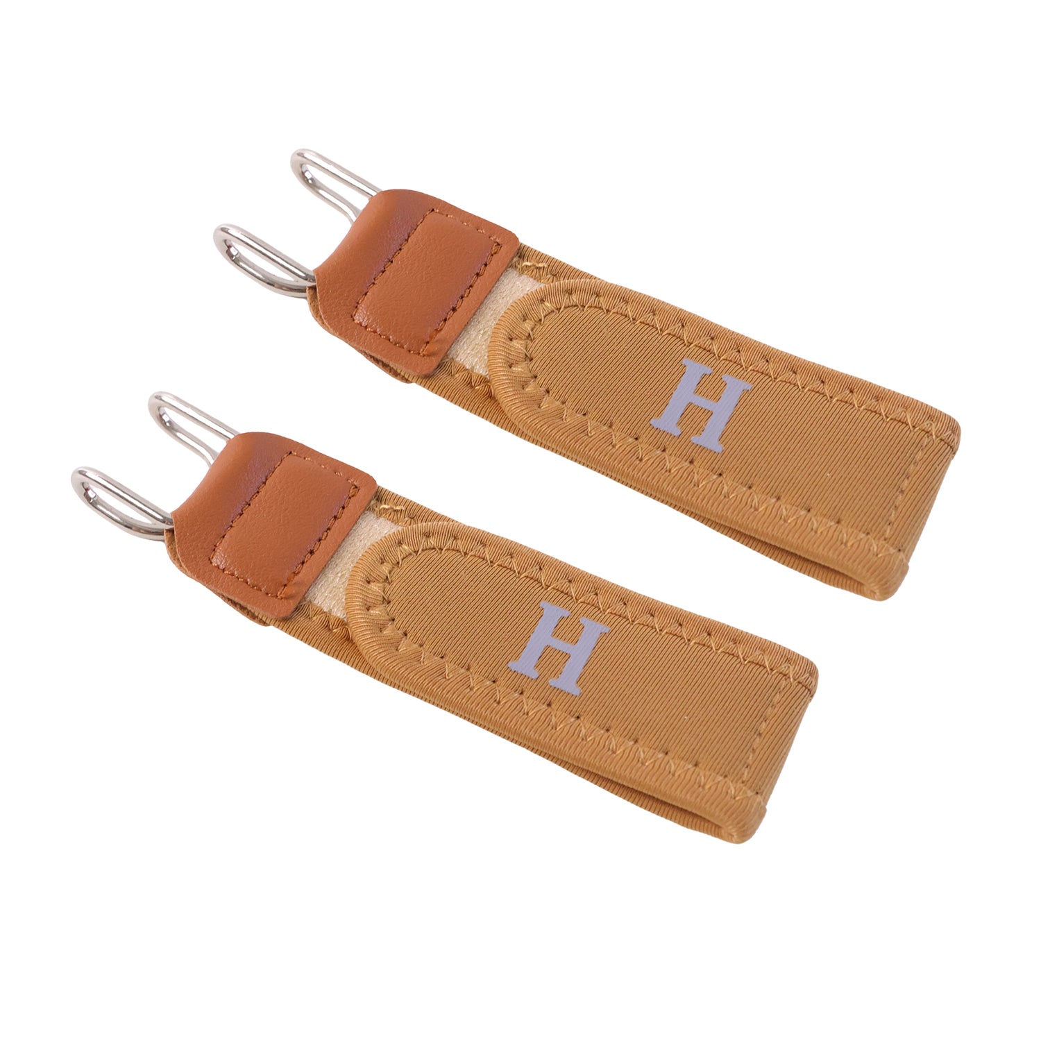 Two tan elastic belt hooks with brown faux leather accents and silver-colored metal hooks, against a white background.
