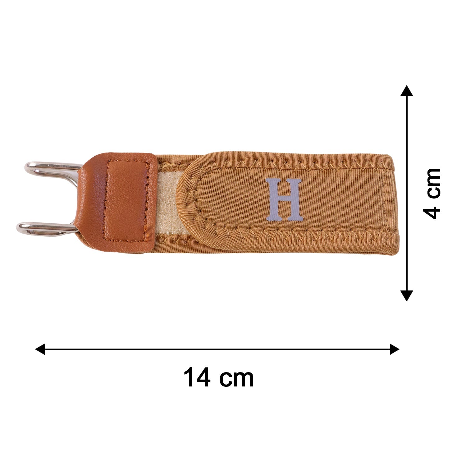 A single tan elastic belt hook with brown faux leather and silver-colored metal, with dimensions of 14 cm by 4 cm.