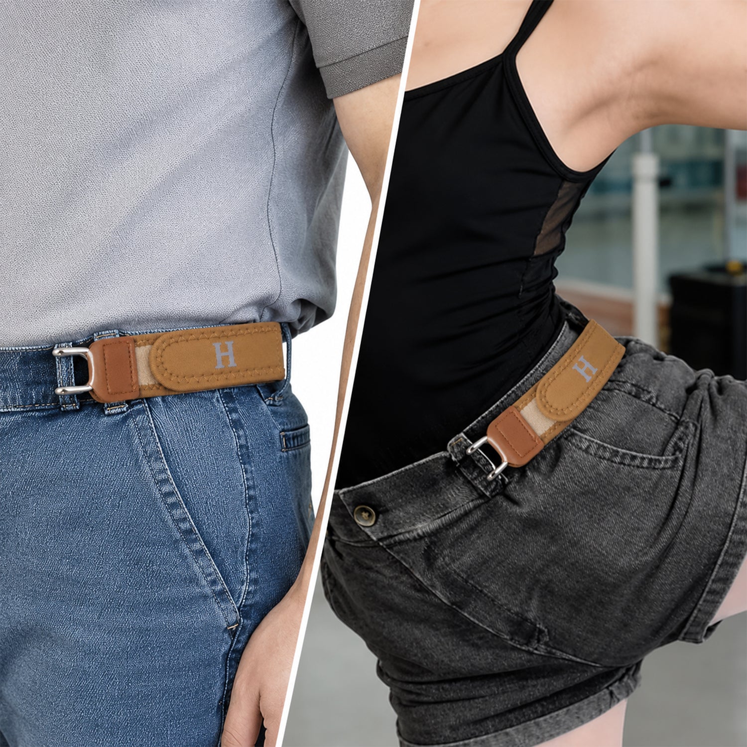 A split image showing a man and a woman wearing the tan elastic belt hooks on their jeans and shorts, respectively.