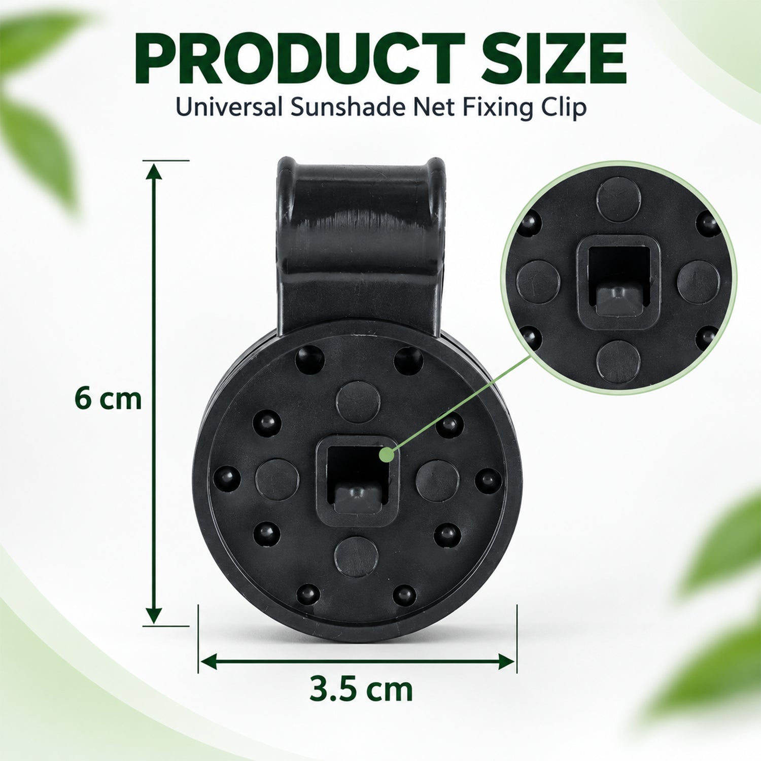 A single black plastic shade cloth clip with dimensions of 6 cm length and 3.5 cm width displayed.