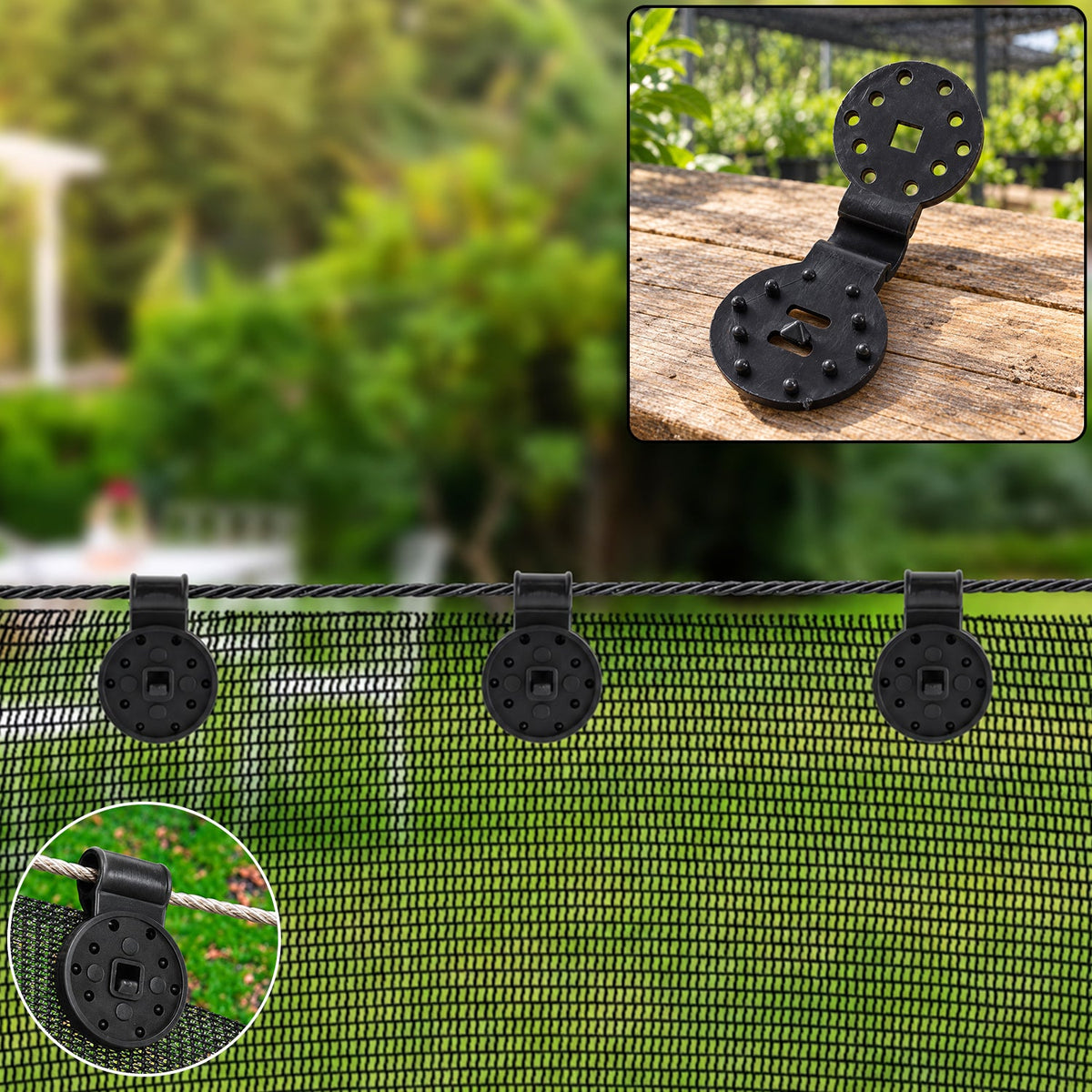 Three black plastic clips securing a green mesh shade cloth to a wire, with an inset showing a single clip.