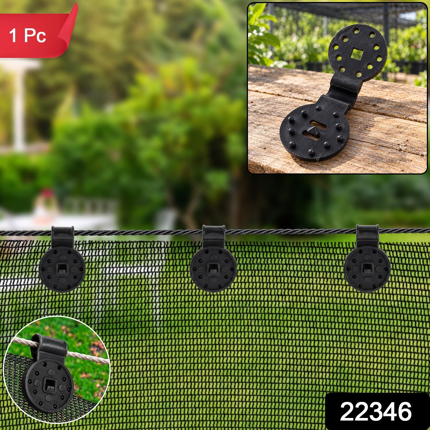 Three black plastic clips securing a green mesh shade cloth to a wire, with an inset showing a single clip and a red '1 Pc'