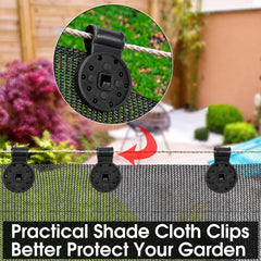 Three black plastic clips securing a green mesh shade cloth to a wire, with an inset showing a close-up of one clip.