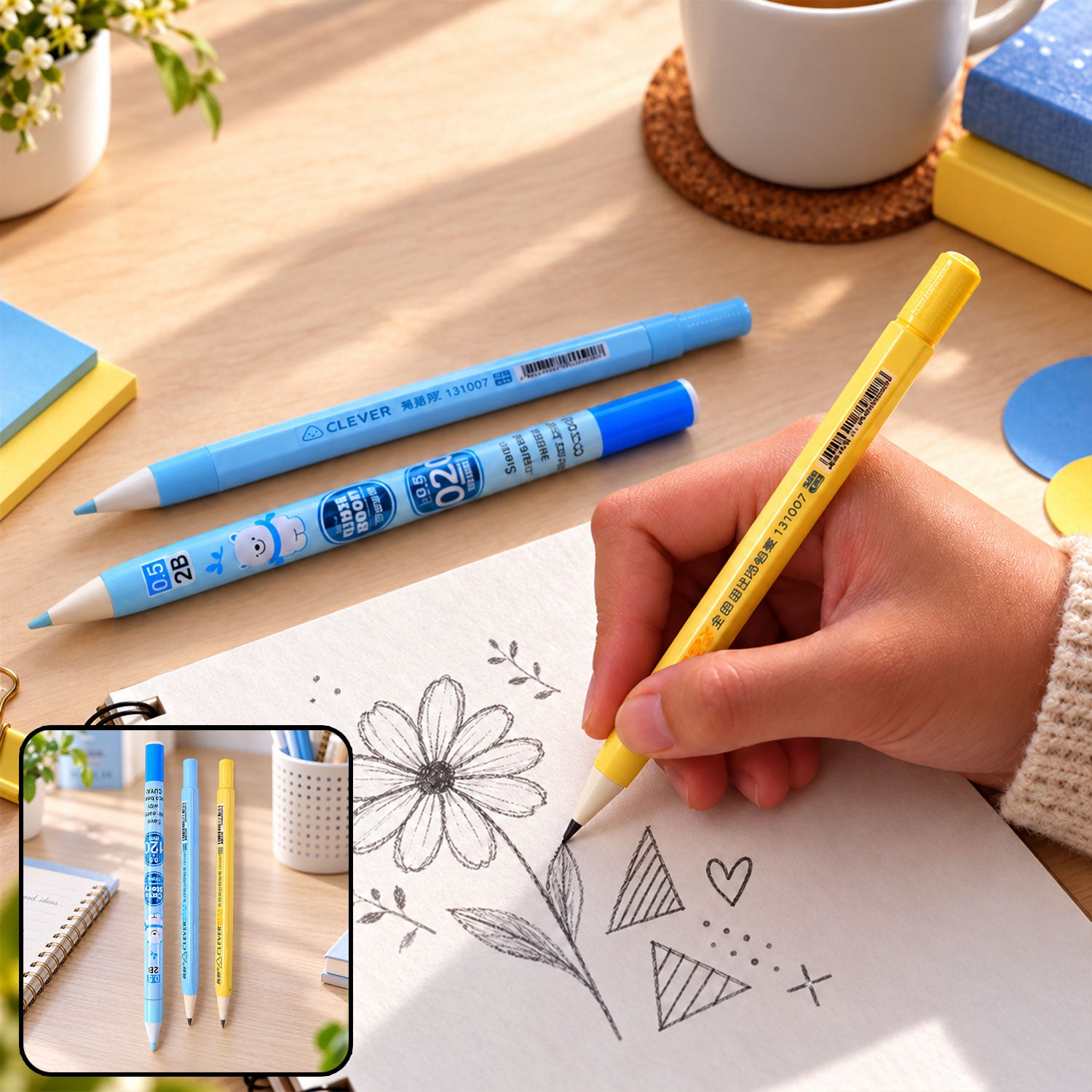 A hand draws a flower on white paper with a yellow mechanical pencil, two blue pencils rest nearby.