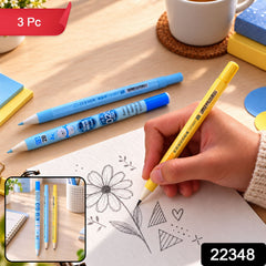 A hand holds a yellow mechanical pencil, drawing on white paper with two blue pencils on a wooden desk.