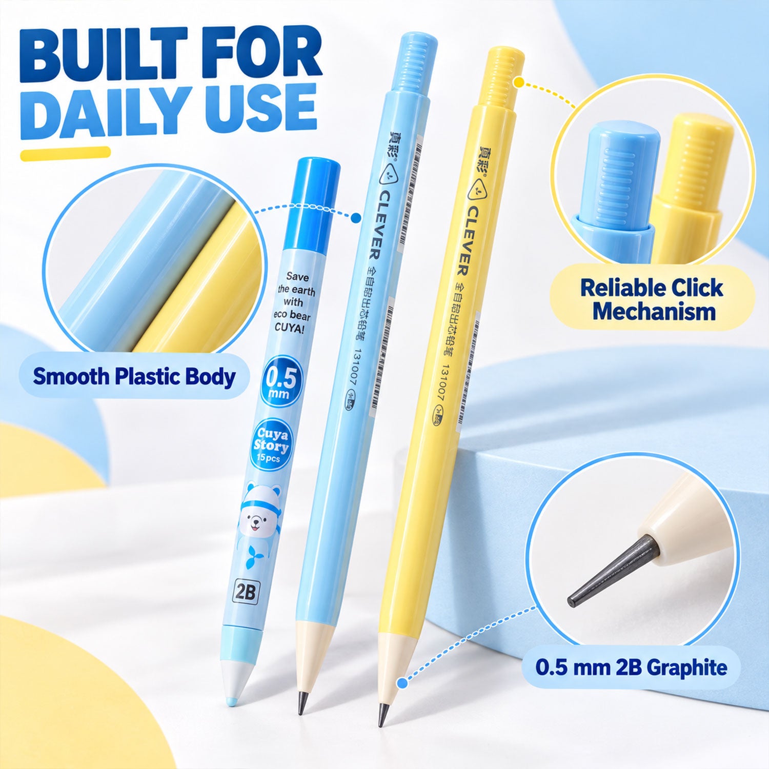 Three mechanical pencils, two blue and one yellow, with close-ups of their smooth plastic bodies and graphite tips.