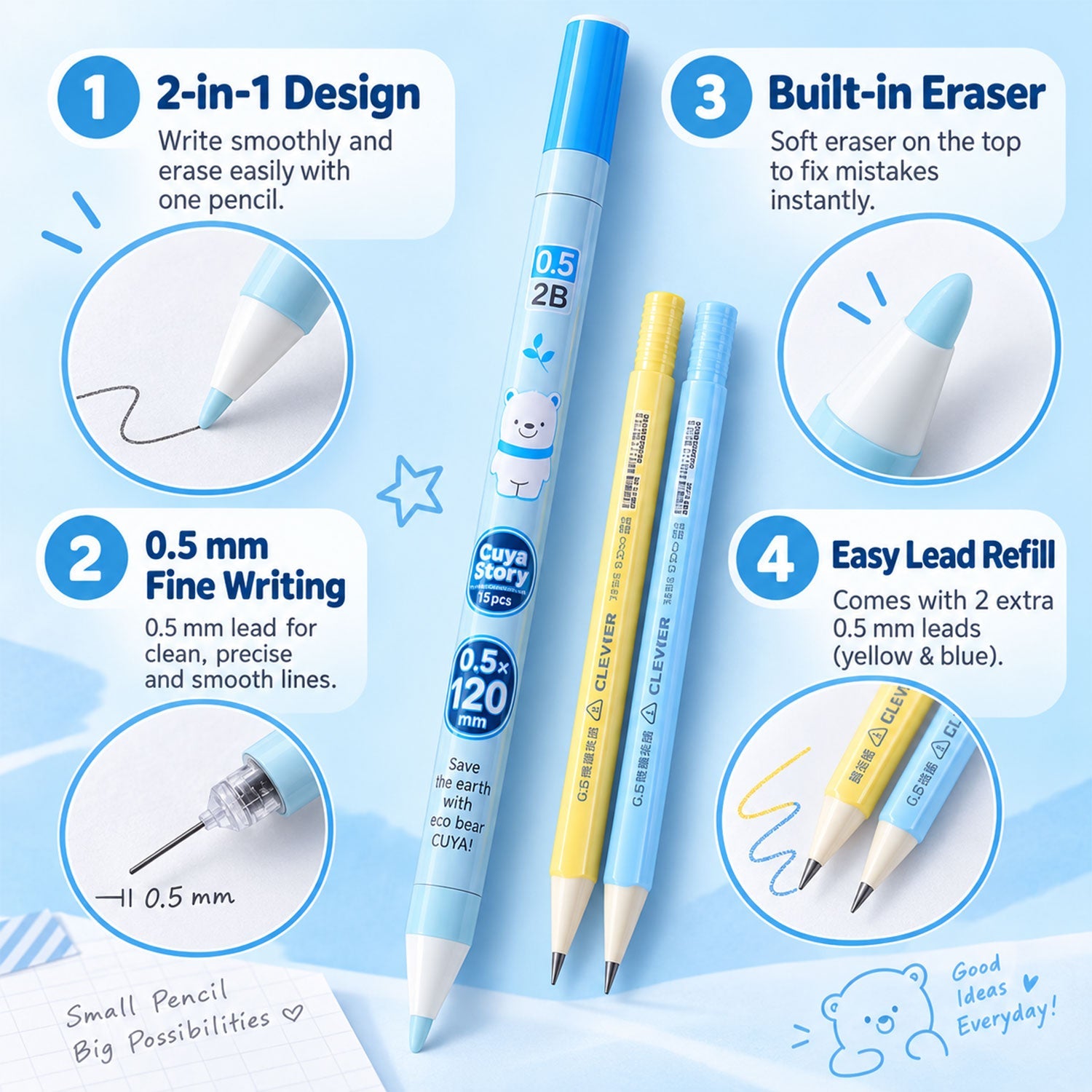 A light blue mechanical pencil with cartoon bears, flanked by two other pencils, with feature callouts.