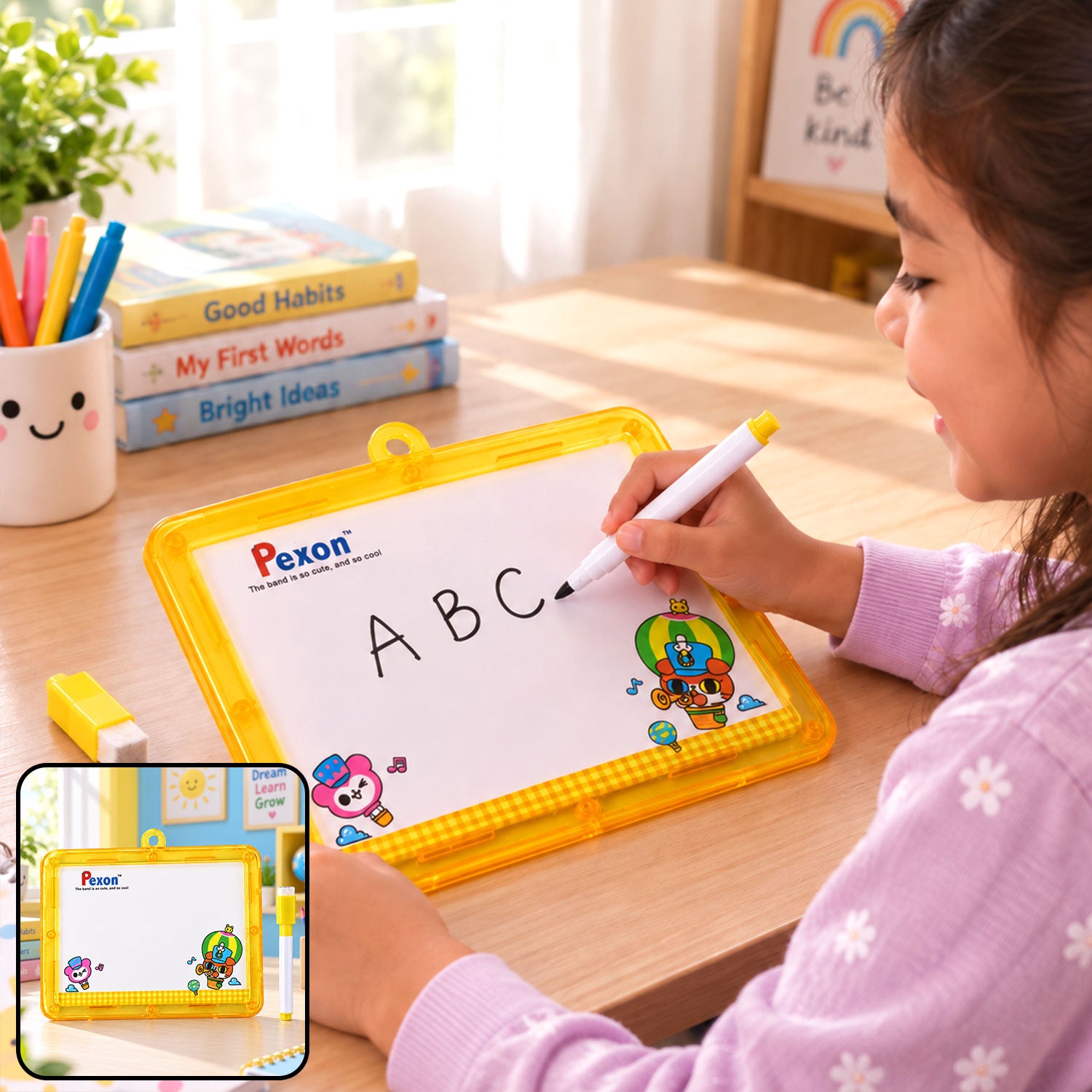 A young girl with dark hair writes â€œABCâ€ on a yellow-framed Pexon writing board with a white marker. A small yellow eraser