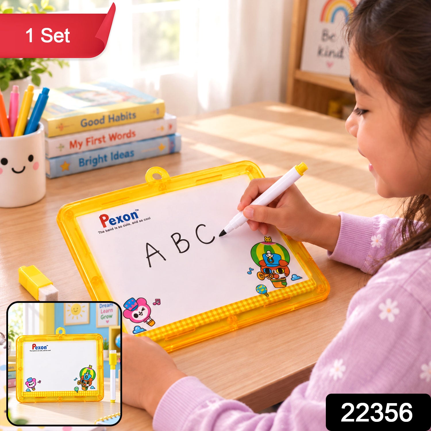 A young girl with dark hair writes â€œABCâ€ on a yellow-framed Pexon writing board with a white marker. A small yellow â€“ view 2