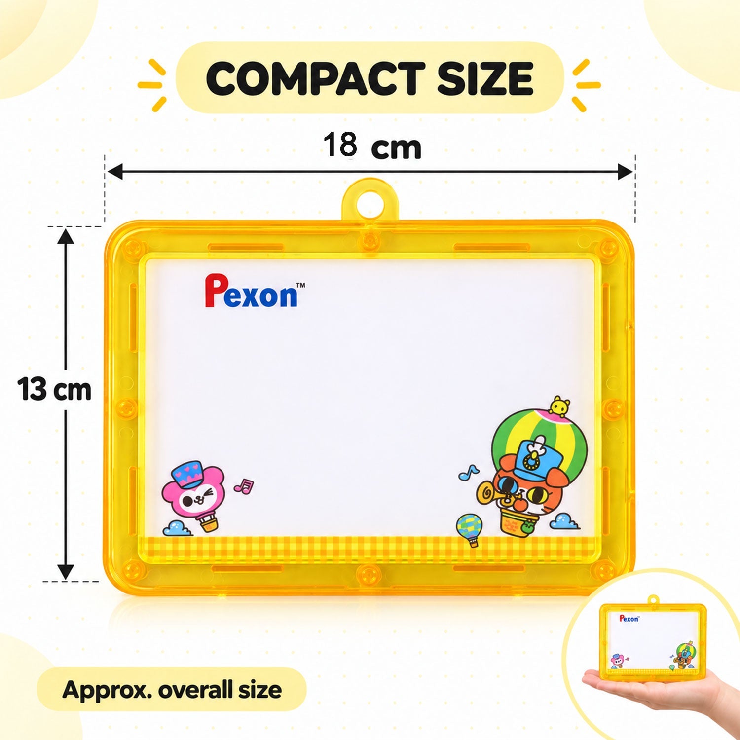 A yellow-framed Pexon writing board displaying its dimensions: 18 cm width and 13 cm height. A small inset shows it held in