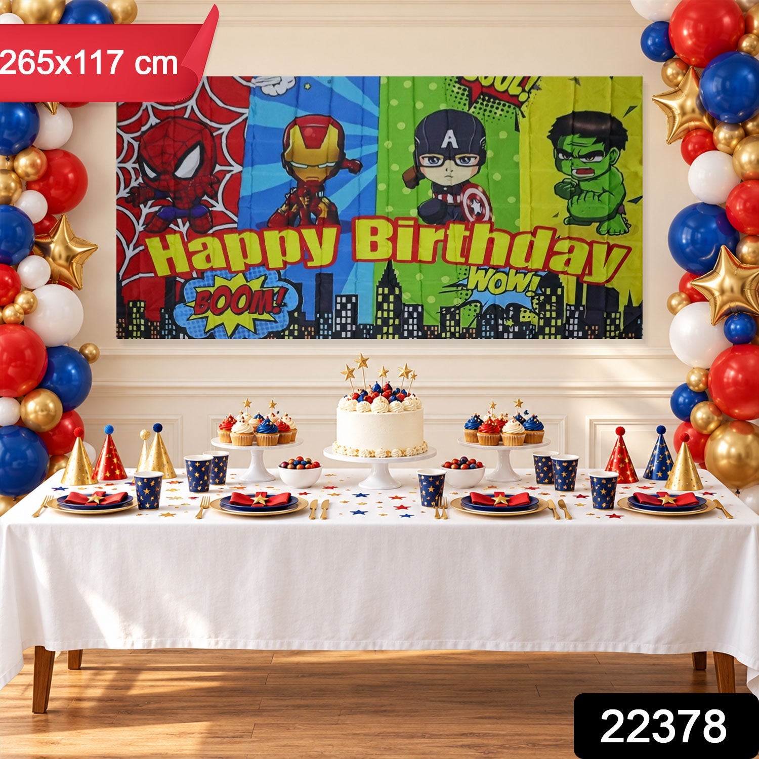 Cartoon superhero birthday backdrop with 265 x 117 cm size label and party table