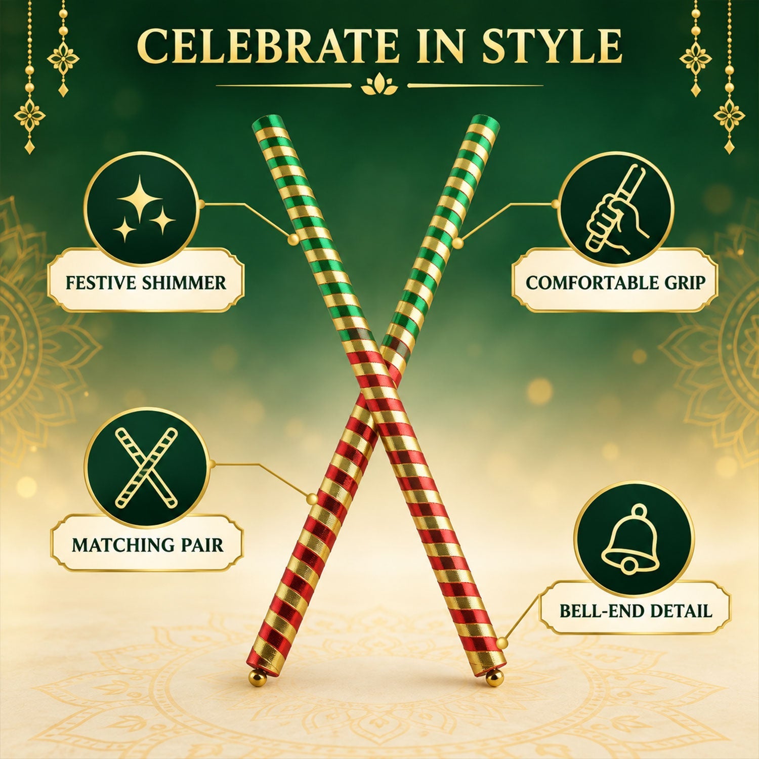 Dandiya sticks with festive shimmer comfortable grip and bell ends