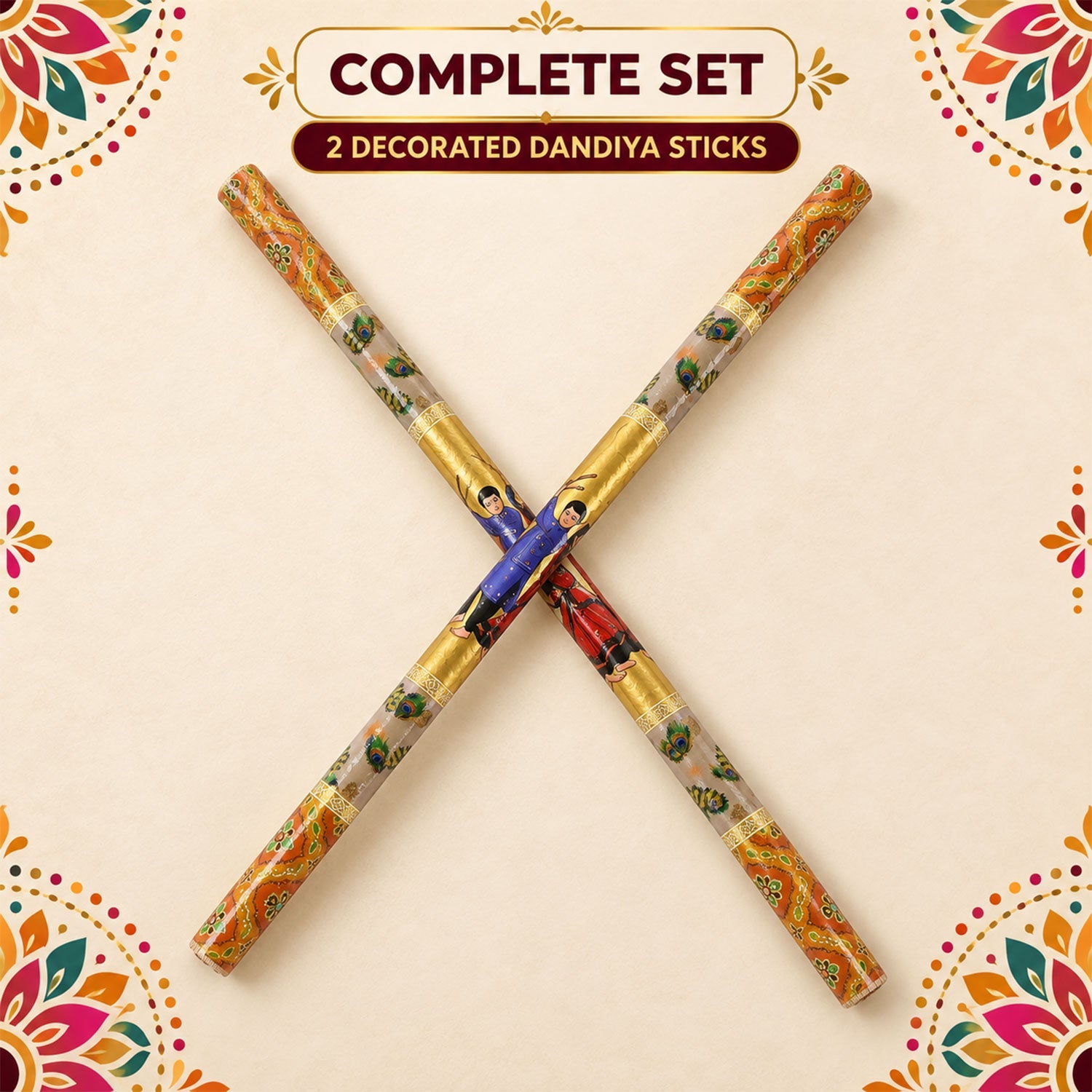 Complete set of two decorated wooden Dandiya sticks