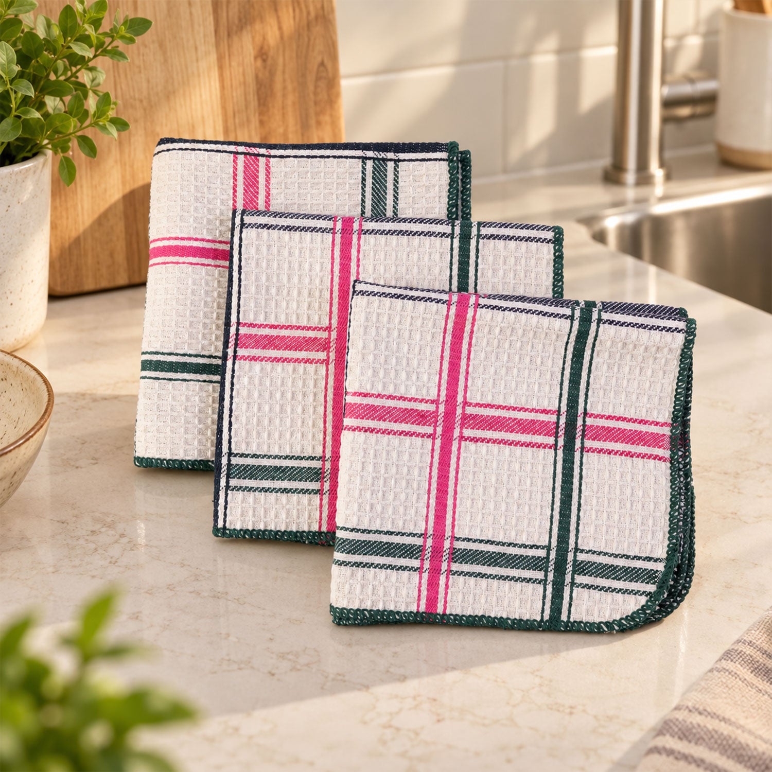 Three folded plaid dishcloths are neatly arranged on a light-colored kitchen counter next to a sink.